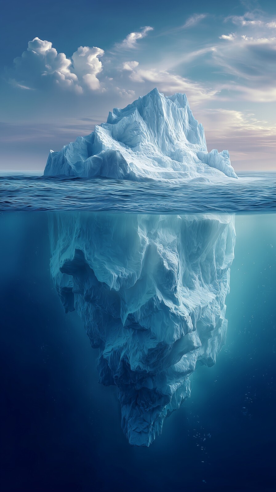 Tableau abstrait d'un iceberg dans l'eau avec des tons bleus.