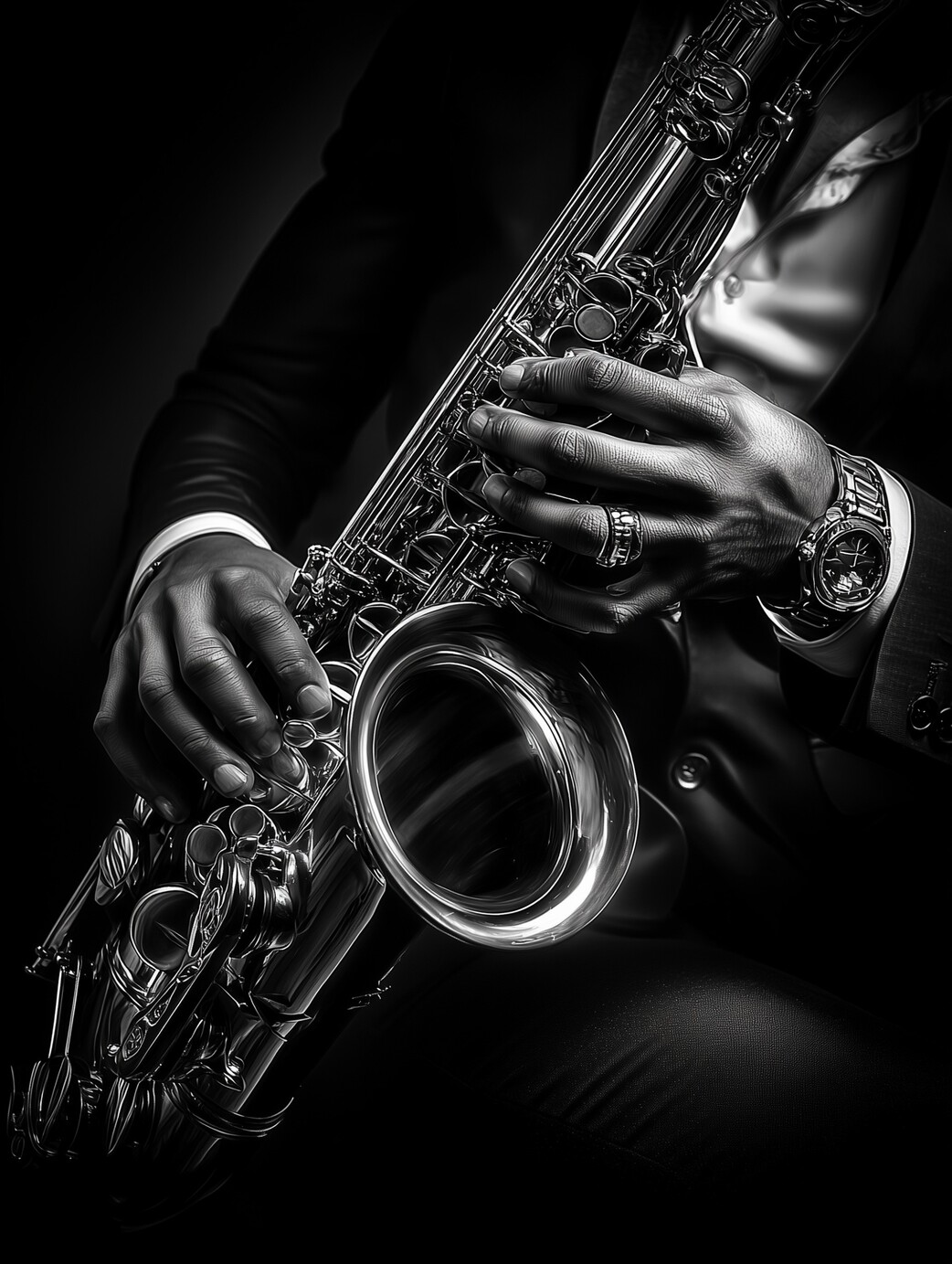 Art photographique en noir et blanc d'un saxophoniste avec saxophone brillant.