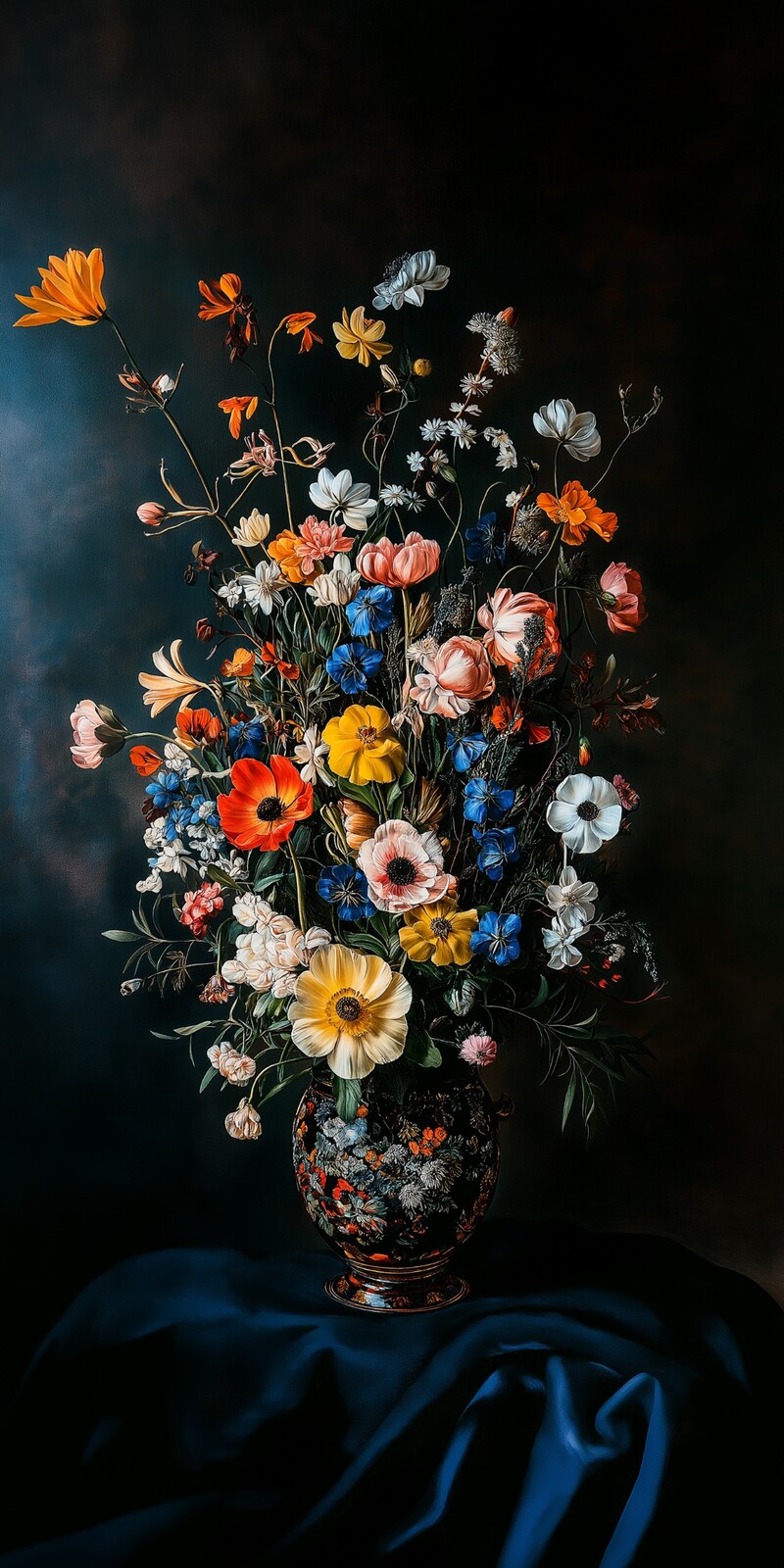 Abstrakte Blumenkomposition mit lebendigen Farben auf dunklem Hintergrund.