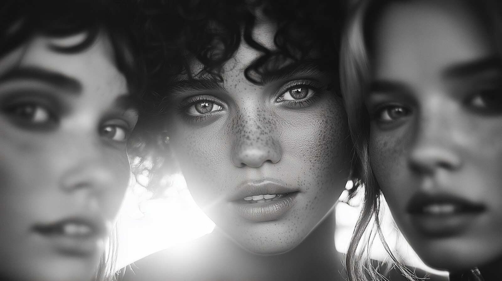 Black and white photo art of three women with intense gazes.