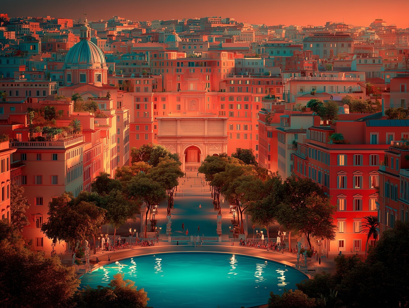 Paysage urbain aux tons chauds et à l'eau scintillante.