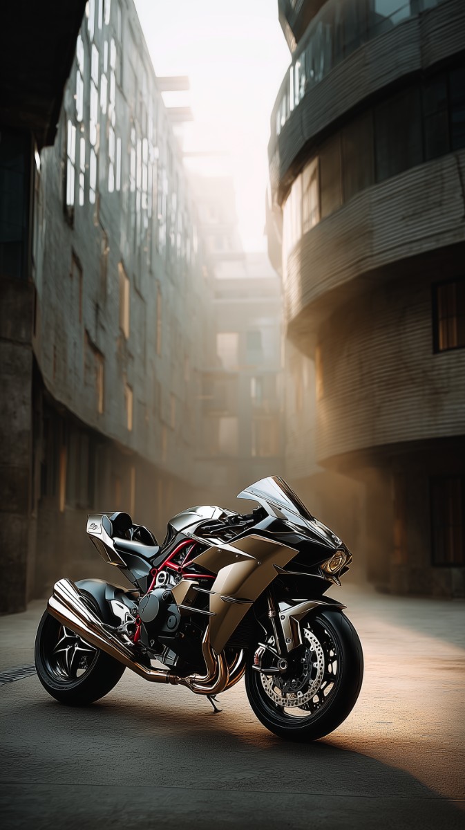 Art figuratif d'une moto dans un paysage urbain moderne.