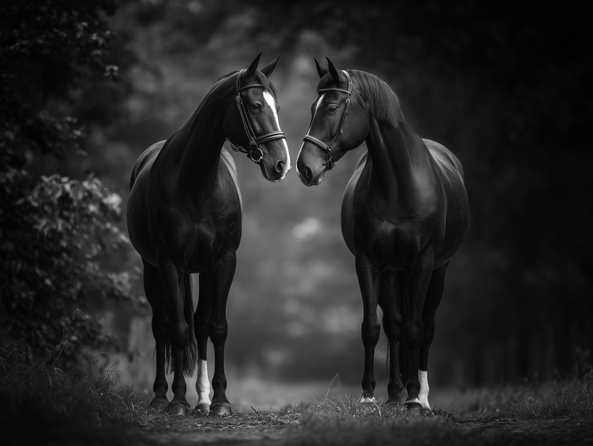 Deux chevaux noirs dans un cadre serein en noir et blanc.