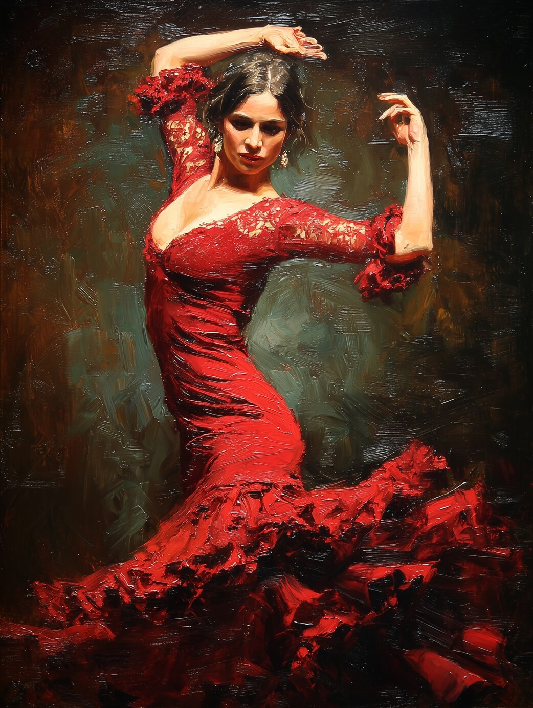 Abstracte kunst van een flamencodanseres in een rode jurk, met levendige kleuren.