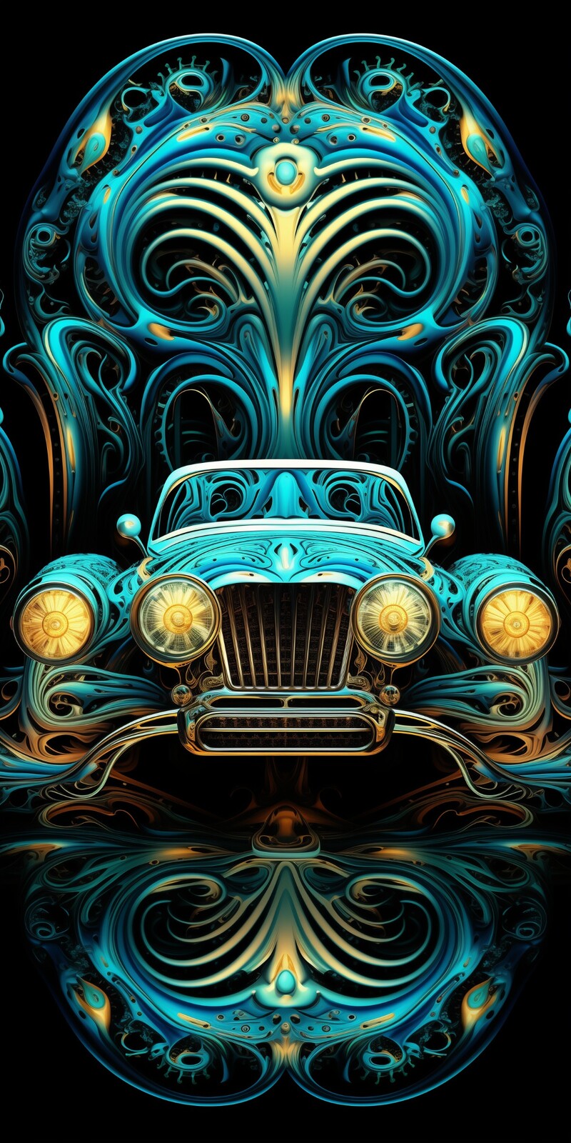 Abstract artwork of a car with geometric shapes in vibrant colors.