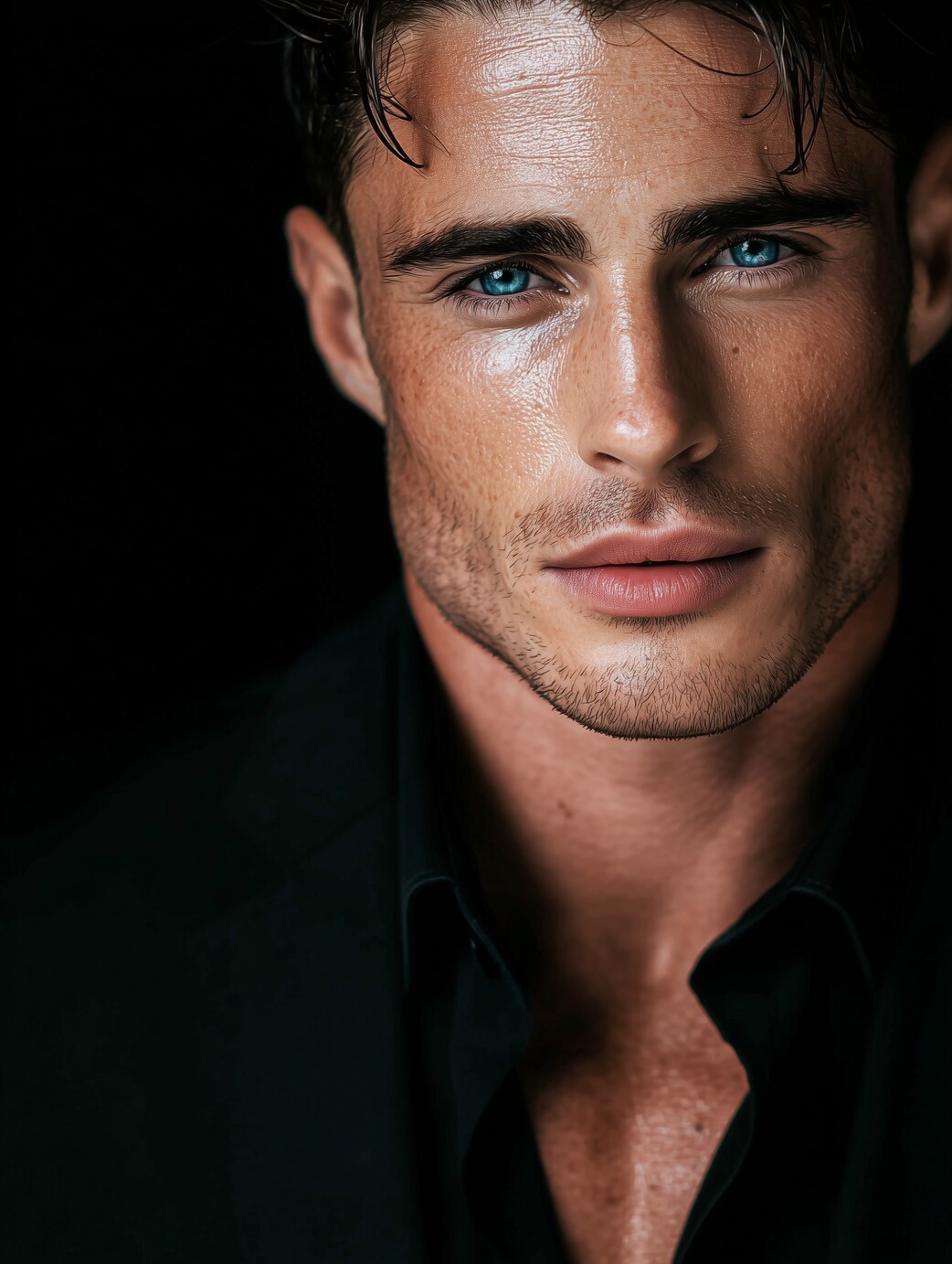 Portrait d'un homme aux yeux perçants et à l'arrière-plan noir et blanc.