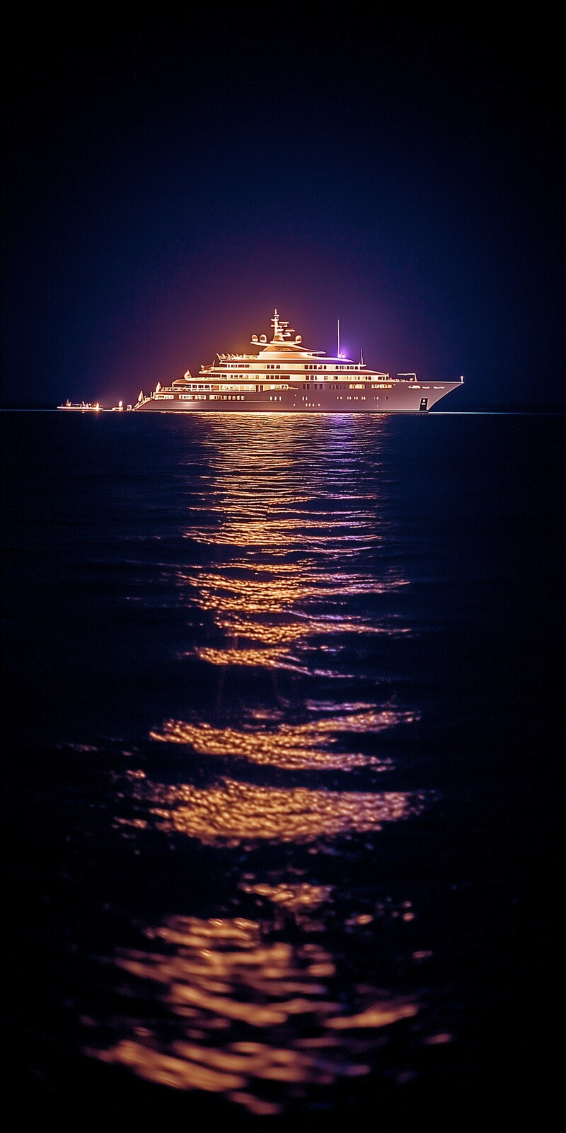 Beleuchtete Yacht auf dem Meer mit goldenen Reflexionen