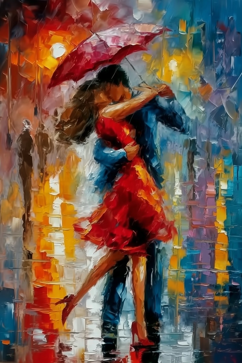 Figuratieve wandkunst van twee dansende geliefden in de regen, met felle kleuren.