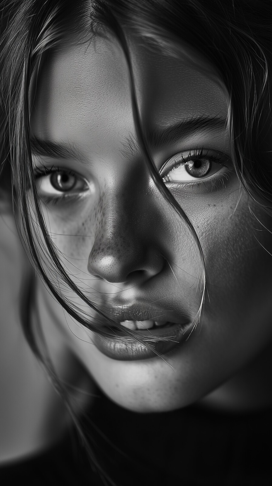 Schwarz-Weiß-Porträt einer Frau mit intensiven Augen.