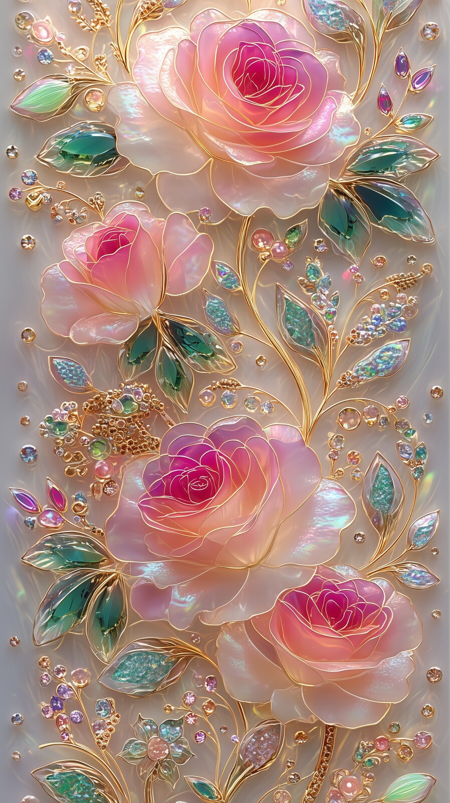 Figuratives Kunstwerk mit Rosen in Rosa- und Goldtönen.