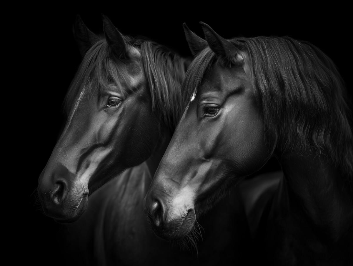 Black and white art print of two horse heads.