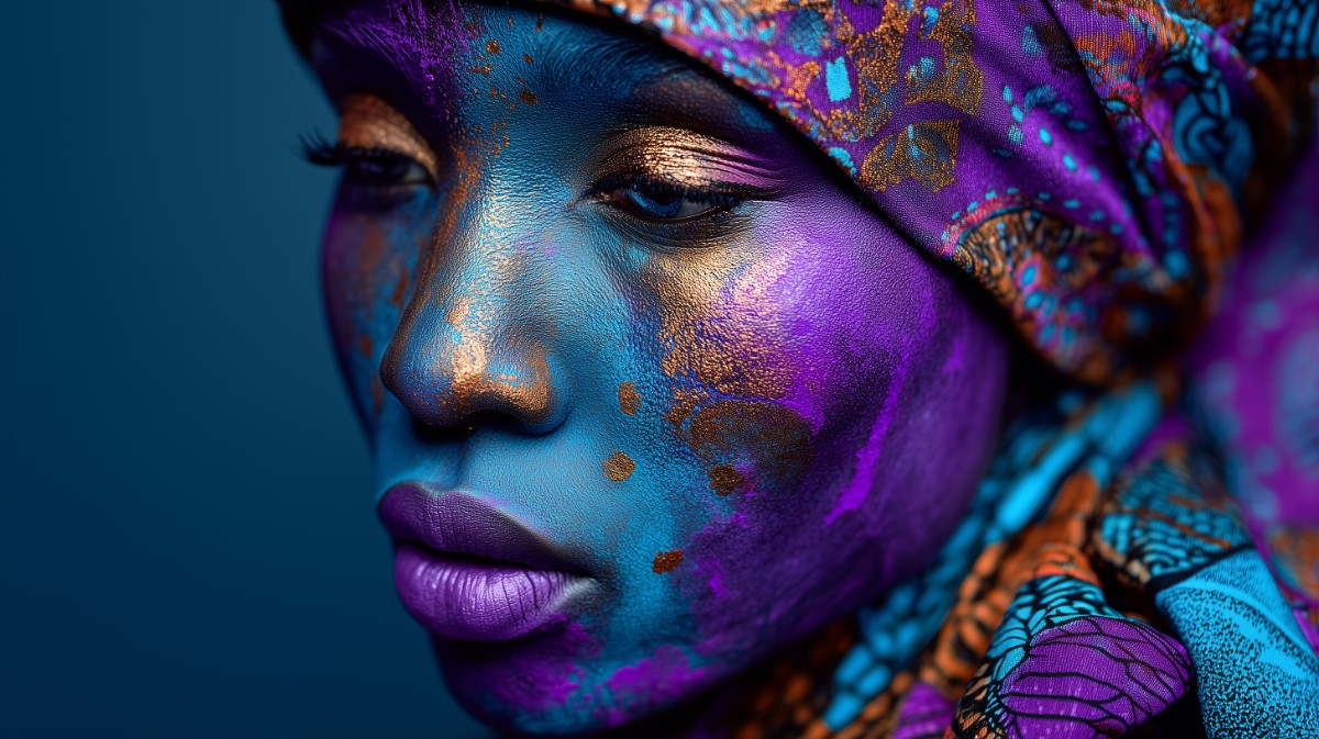 Retrato abstracto con pintura colorida y patrones geométricos.