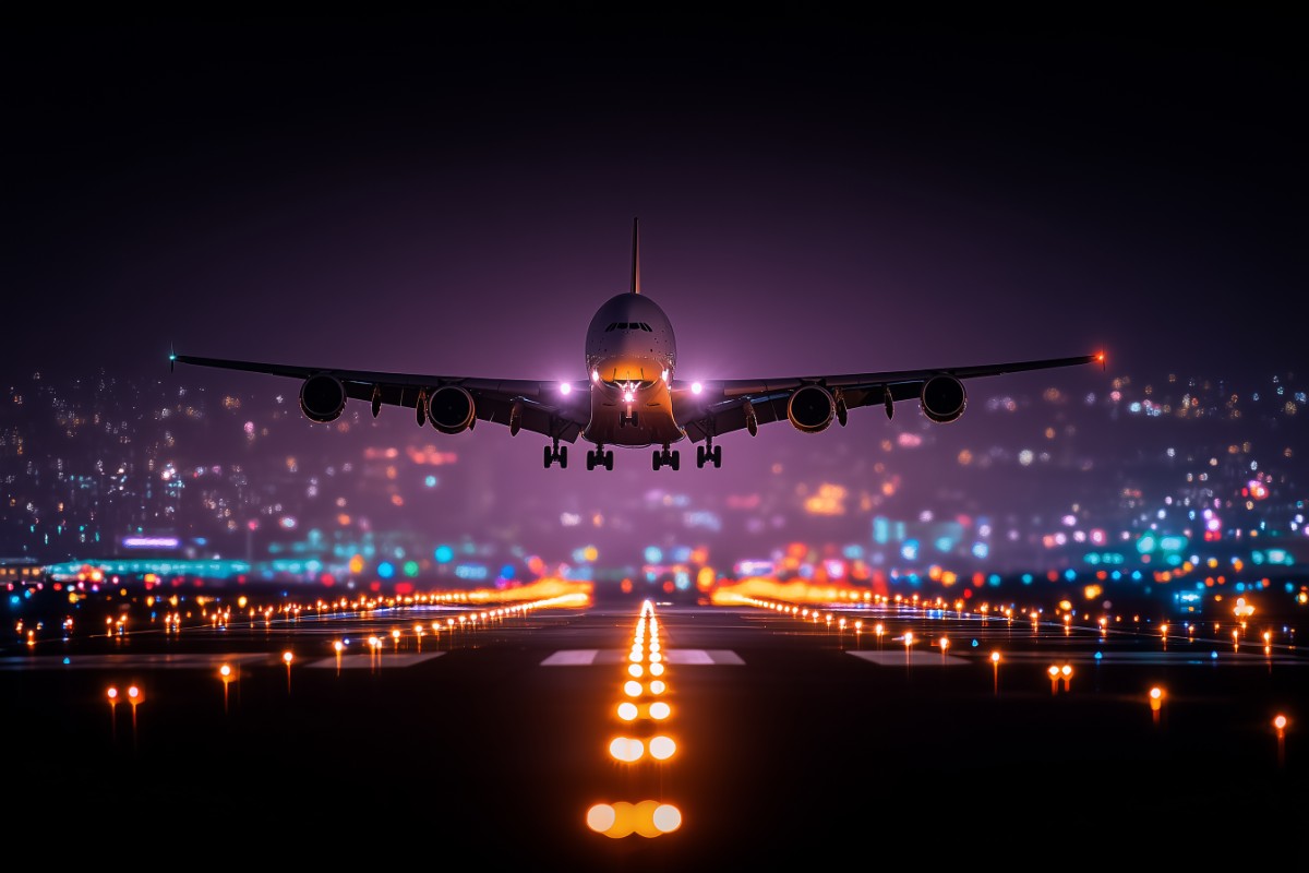 Abstracte fotokunst van een vliegtuig bij nacht met levendige kleuren.